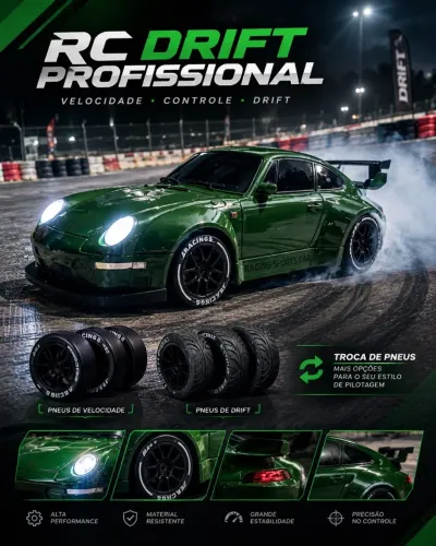 Carrinho RC drift profissional Porsche 911 GT3 RS - pneus trocaveis