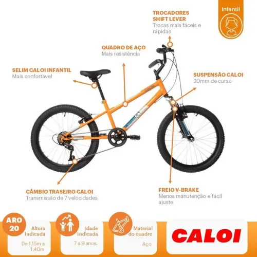 Bicicleta Infantil Aro 20 T11R20V7 PWR A22 Corrente HV-500 7 Velocidades Amarelo Caloi