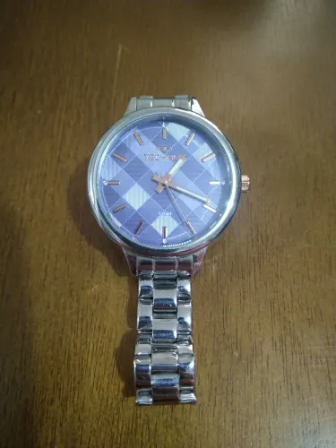 Relógio feminino Technos prata com fundo azul