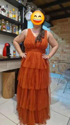 Vestido terracota de festa madrinha casamento em tule com brilho