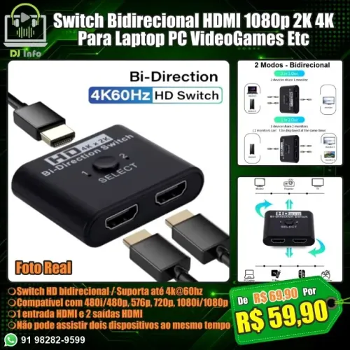 Switch Bidirecional HDMI 1080p 2K 4K Para Laptop PC VideoGames Etc