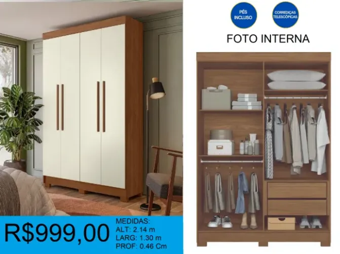 Guarda roupa solteiro 4 portas - entrega gratis