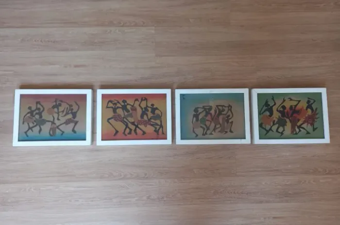 Conjunto com 4 Quadros de Arte Africana - Pintura em Tecido