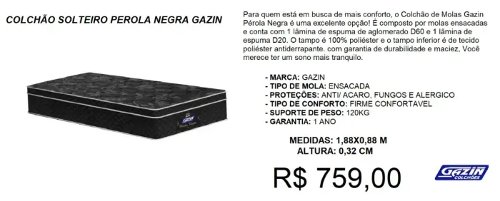 COLCHÃO GAZIN MOLAS ENSACADAS 32CM ALTURA