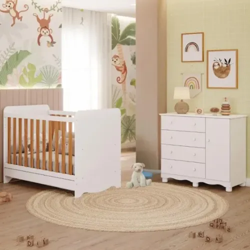 Comoda Junior 1 Porta + Berço Americano Ben, 100% MDF - Peroba