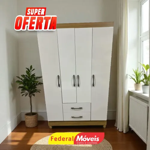 Guarda Roupa Solteiro 4 Portas 2 Gavetas Compacto 1,11m Oferta Imperdível 
