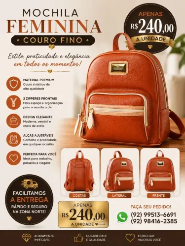 Mochila Feminina Couro Fino