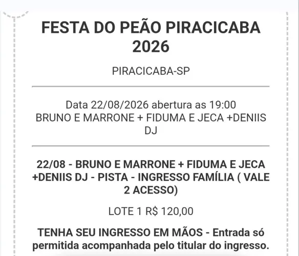 Vende-se 1 convite c/ 2 acessos para a Fest do Peão de Piracicaba