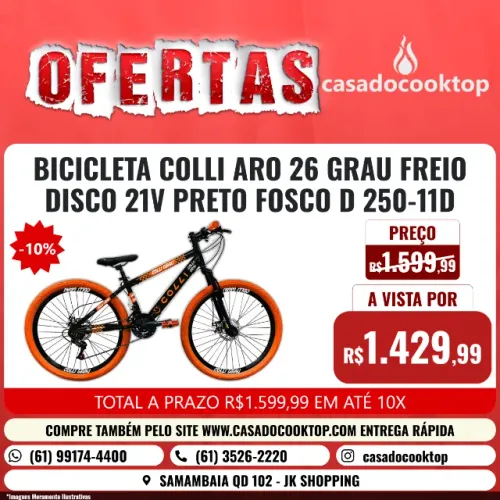 BICICLETA COLLI ARO 26 GRAU FREIO DISCO 21V PRETO FOSCO D 250-11D