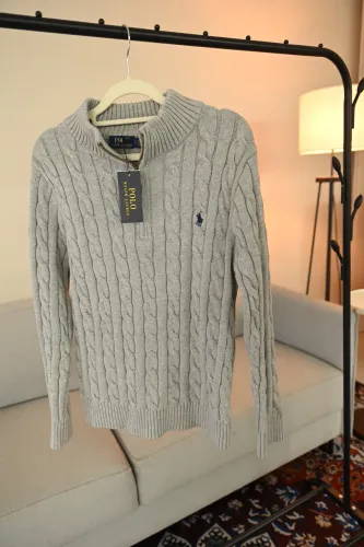 Suéter Polo Ralph Lauren Cinza Cable-Knit (meio zíper) - Tam P (Novo)