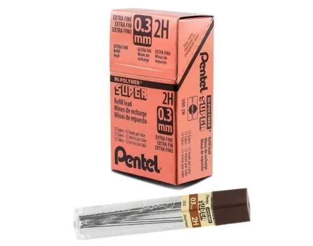 Grafite 0,3 mm 2H Hi Polymer Super 12 tubos com 12 minas - Pentel