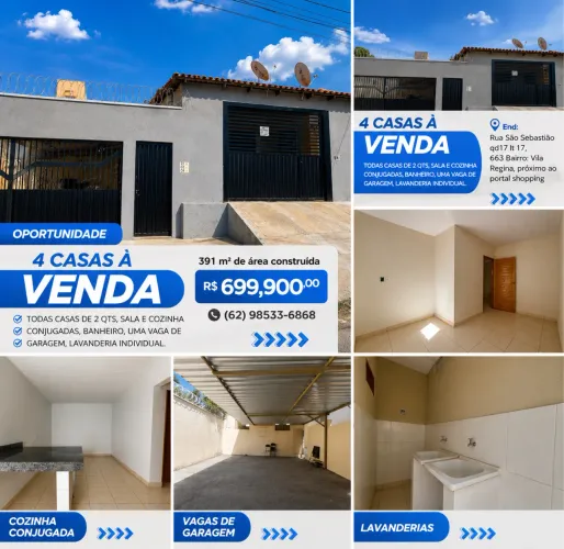 Conjunto de 4 Casas com Renda Garantida - Vila Regina, Goiânia - R$?750.000