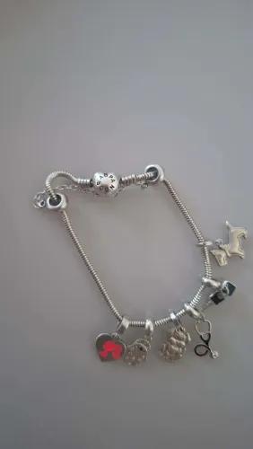 Pulseira pandora em prata 925, com 6 berloque e uma trava caixão, nova! Valor a negociar.