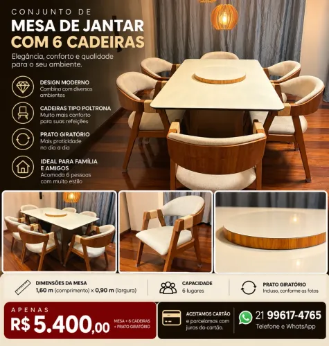 Jogo com mesa de jantar e 6 cadeiras