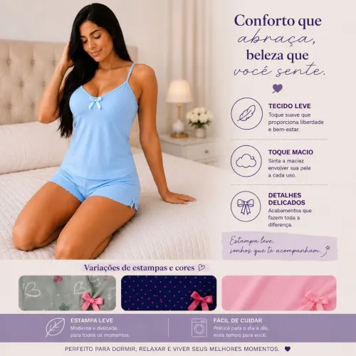 Baby Doll Feminino Short Doll Peitinho Pijama De Calor Delicado P/M/G