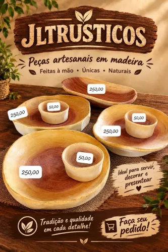 Peças rústicas, como gamela, fruteiras, petisqueiras e tábuas de corte e muito mas