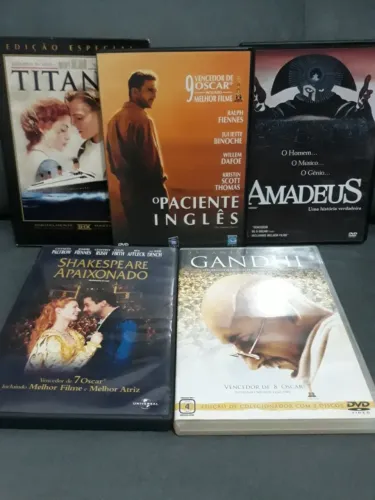 Coleção DVDs Oscar Amadeus, Titanic, Gandhi, Shakespeare e O Paciente Inglês - Ler Anúncio
