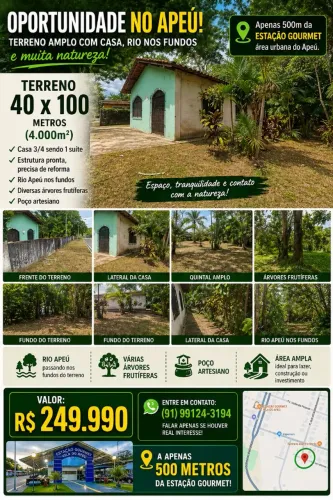 Oportunidade no Apeú: Terreno 40x100 com casa e rio nos fundos