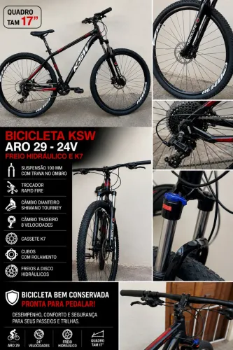 Bicicleta KSW aro 29. 24V, freio hidráulico e K7