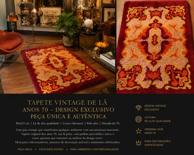 Tapete Vintage de Lã Anos 70 | Peça Única | Design Exclusivo
