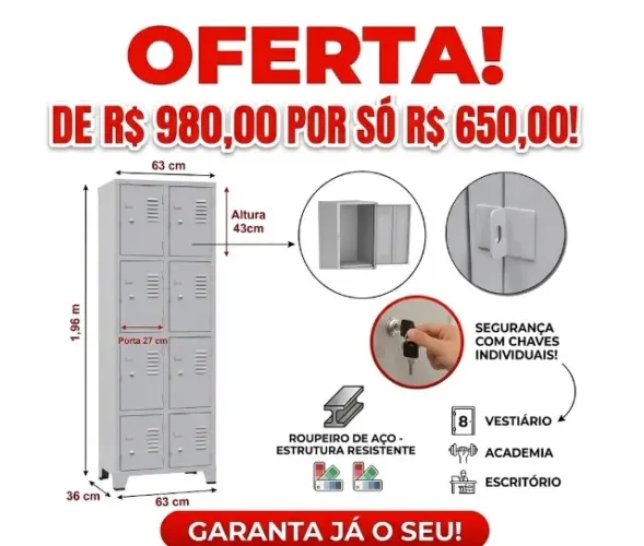 Armário Roupeiro Aço 8 Portas - Super Resistente