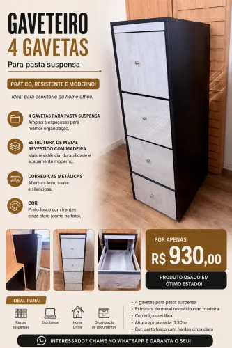 Gaveteiro Arquivo 4 Gavetas para Pasta Suspensa - Metal e Madeira