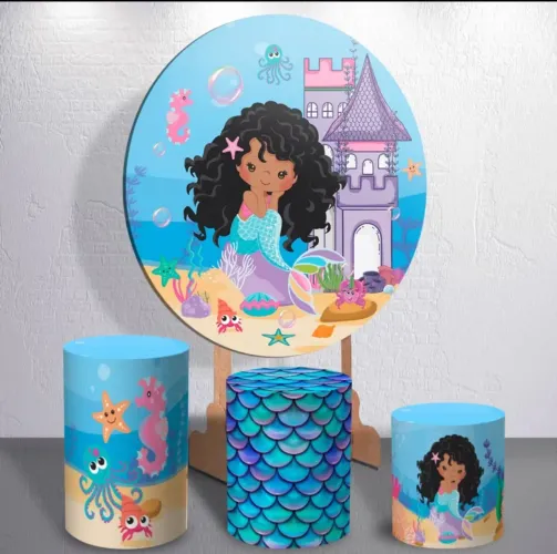 Painel De Festa Tema Infantil Meninas Princesa Sereia Trio Cilindro Painel Redondo