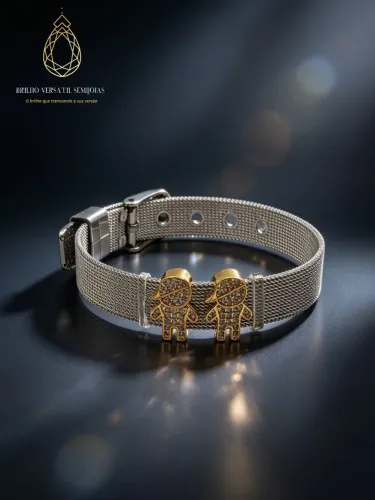 Bracelete relógio Inox bonecos banhado a Ouro com Zircônia 