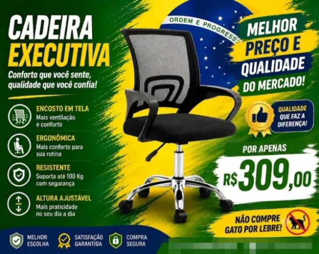 Cadeira Diretor - Nova - Encosto Tela Mesh - Ap de 309,oo - Até 10x Cartão