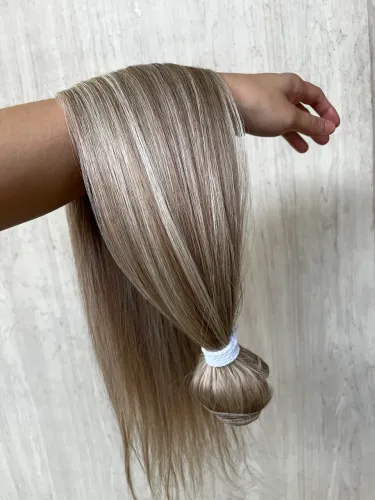 Cabelo humanizado loiro bege mechas na tela para megahair 70cm 200g Bio Humano