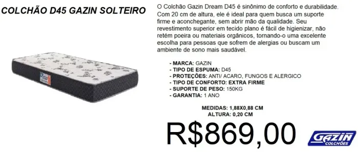 Colchão solteiro d45 espuma gazin - temos a pronta entrega