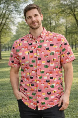 Camisa de Botão Masculina Estampa Sushi 100% Algodão