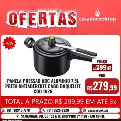 PANELA PRESSAO ABC ALUMINIO 7,5L PRETA ANTIADERENTE CABO BAQUELITE COD 1626