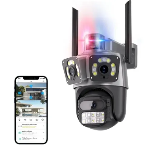 Câmera IP Wifi com 3 Lentes e Sirene. Muito + Mais ângulos e Segurança.
