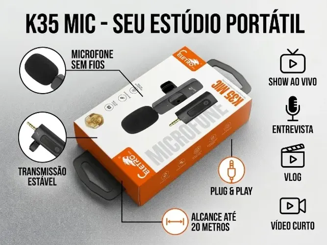 Microfone Sem Fio Lapela K35 Mic P3 Auxiliar 3.5mm Gravação Vlog Entrevista Eletro-Mex EL-