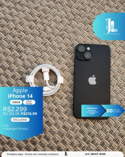 IPHONE 14, 5G, 128GB, CHIP FÍSICO, PRETO, SEMINOVO , EXCLUSIVO!