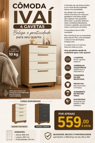 Cômoda com 4 gavetas na promoção