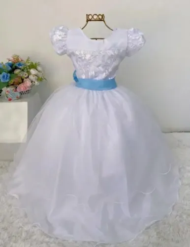 Vestido Infantil de Festa Branco e Azul Claro (Cinderela/Daminha) - Lindo e Delicado!<br>
