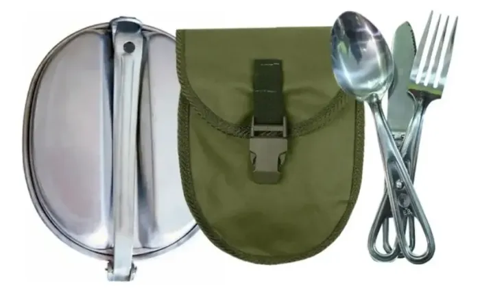 Marmita de alumínio + porta marmita + talher inox militar 