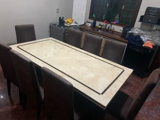 Mesa Jantar Granito Travertino Polido 2m X 1 M + 8 Cadeiras