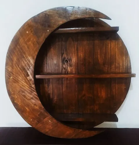 Suporte rústico decorativo formato lua com 3 prateleiras