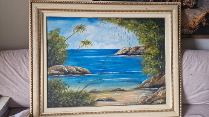 Quadro alto relevo pintura óleo praia do Caribe