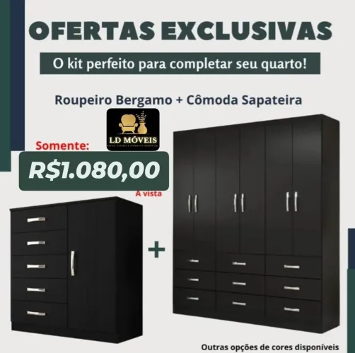 Kit Guarda Roupa Bergamo + Cômoda Sapateira 