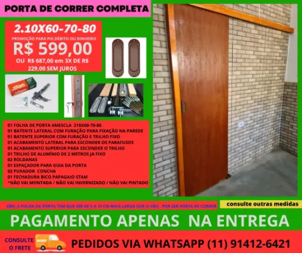 porta de correr - 2.10x0,80 modelo pc9 - frete a combinar