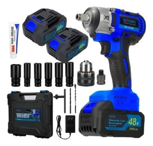 Chave De Impacto 48v Furadeira Parafusadeira 2 Bateria 20000 mAh Motor s Escova Bivolt - E