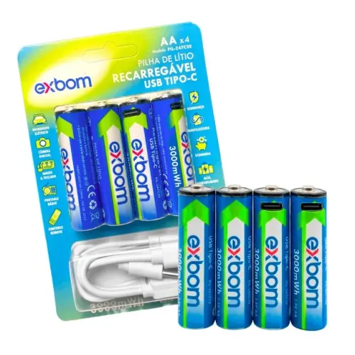 Kit 4 Pilhas AA Recarregável USB Tipo C