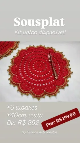 PROMOÇÃO! Sousplat de Crochê 6 lugares, Jogo Americano redondo de crochê 