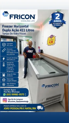 FREEZER HORIZONTAL DUPLA AÇÃO 411 LITROS TAMPO DE VIDRO FRICON 