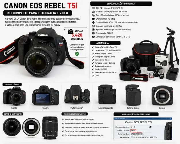 Canon EOS Rebel T5i + Lente 18-55 STM + Apenas 5.420 Cliques + Kit Completo
