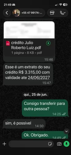 Crédito de R$3.315.00 para o hotel fazenda de Gaspar 